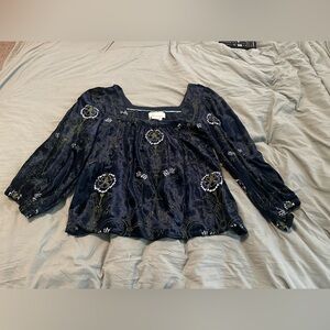Anthropologie Suede Midnight Blue Embroidered Top